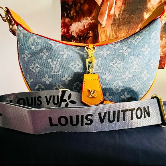 Blue Denim Monogram Shoulder Bag with Tan Trim - Picture 6 of 8